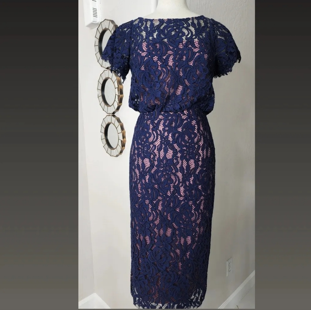 Js Collection Women's Blue Short Sleeves Blouson Lace Sheath Midi Dress